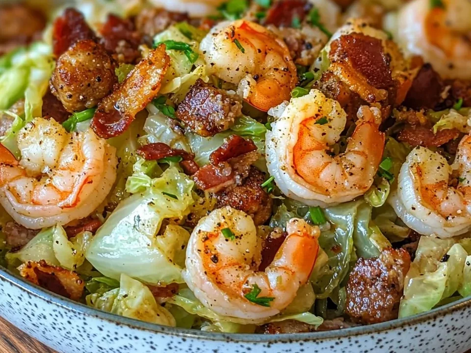 Chou Frit avec Crevettes, Saucisse et Bacon