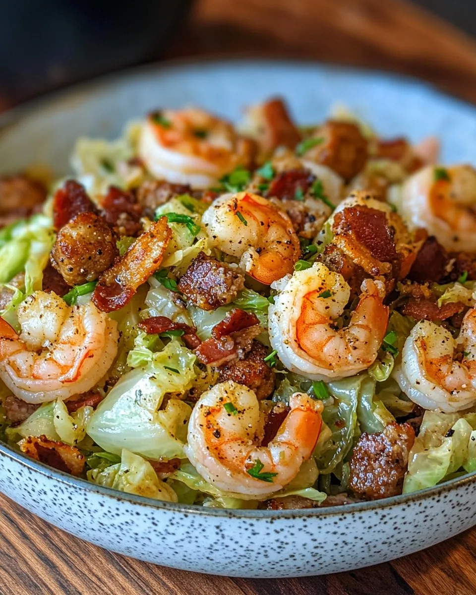 Chou Frit avec Crevettes, Saucisse et Bacon