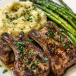 Côtelettes d'agneau aux herbes et à l'ail avec purée de pommes de terre et asperges