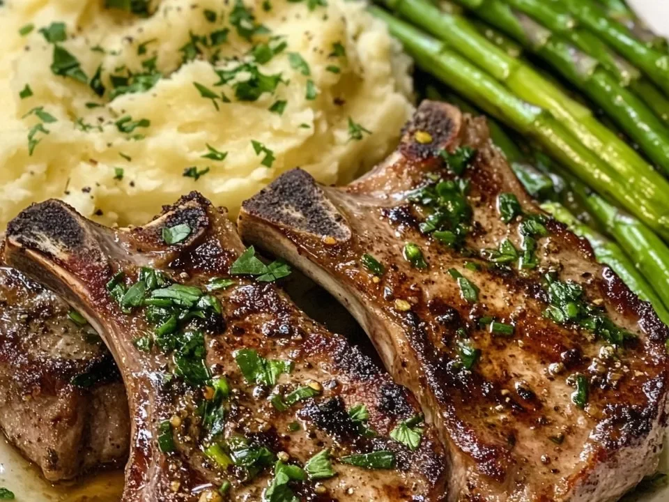 Côtelettes d'agneau aux herbes et à l'ail avec purée de pommes de terre et asperges