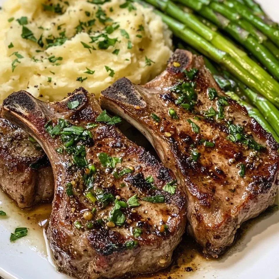 Côtelettes d'agneau aux herbes et à l'ail avec purée de pommes de terre et asperges