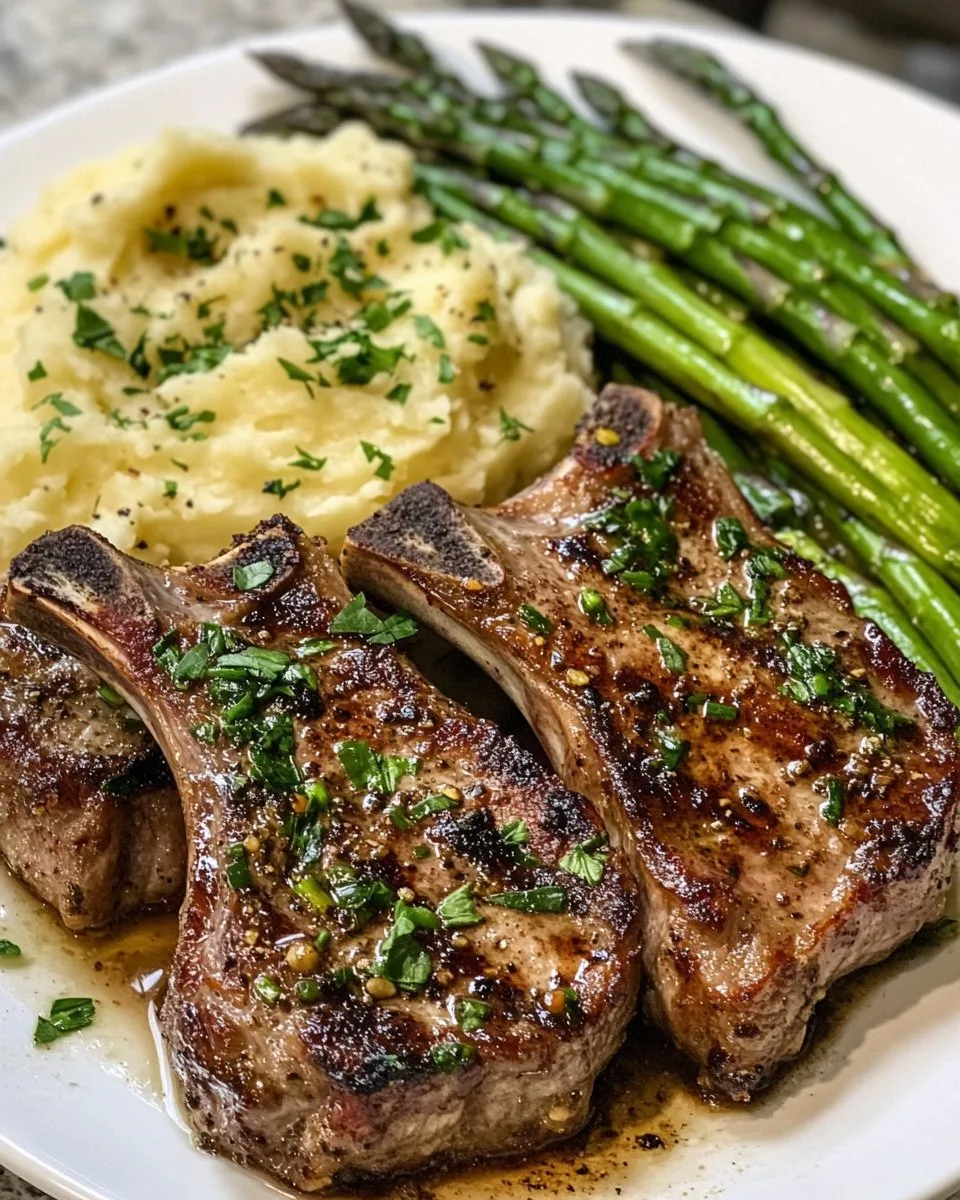 Côtelettes d'agneau aux herbes et à l'ail avec purée de pommes de terre et asperges