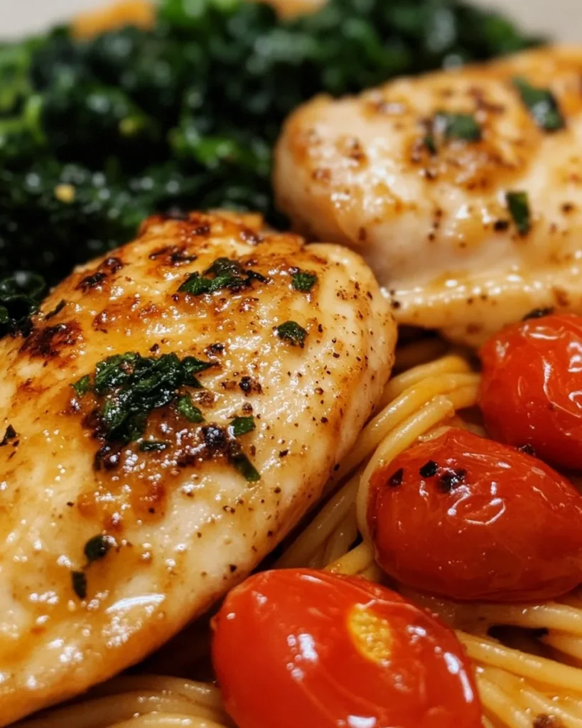 Poulet au Beurre à l'Ail avec Tomates Rôties et Pâtes au Chou Frisé