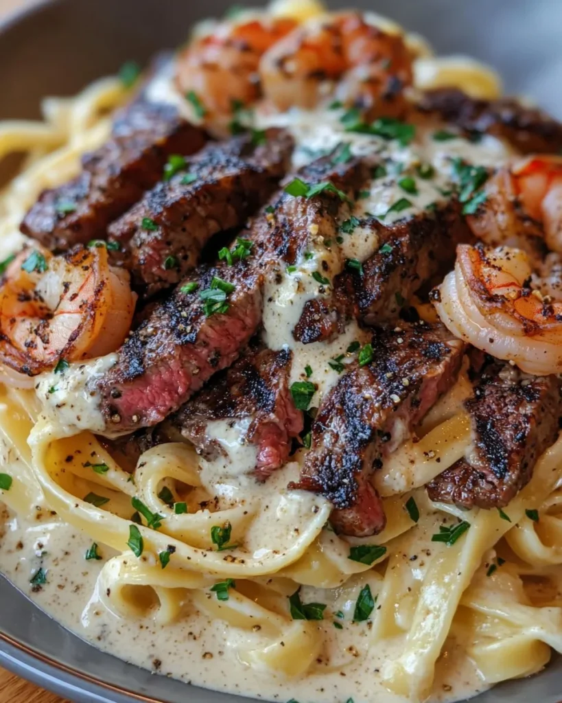 Steak et Crevettes Alfredo Épicés