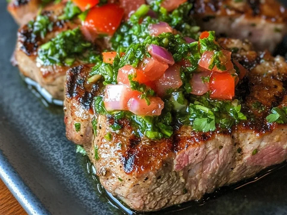 Filet de Porc Grillé avec Sauce Chimichurri et Salsa de Tomates
