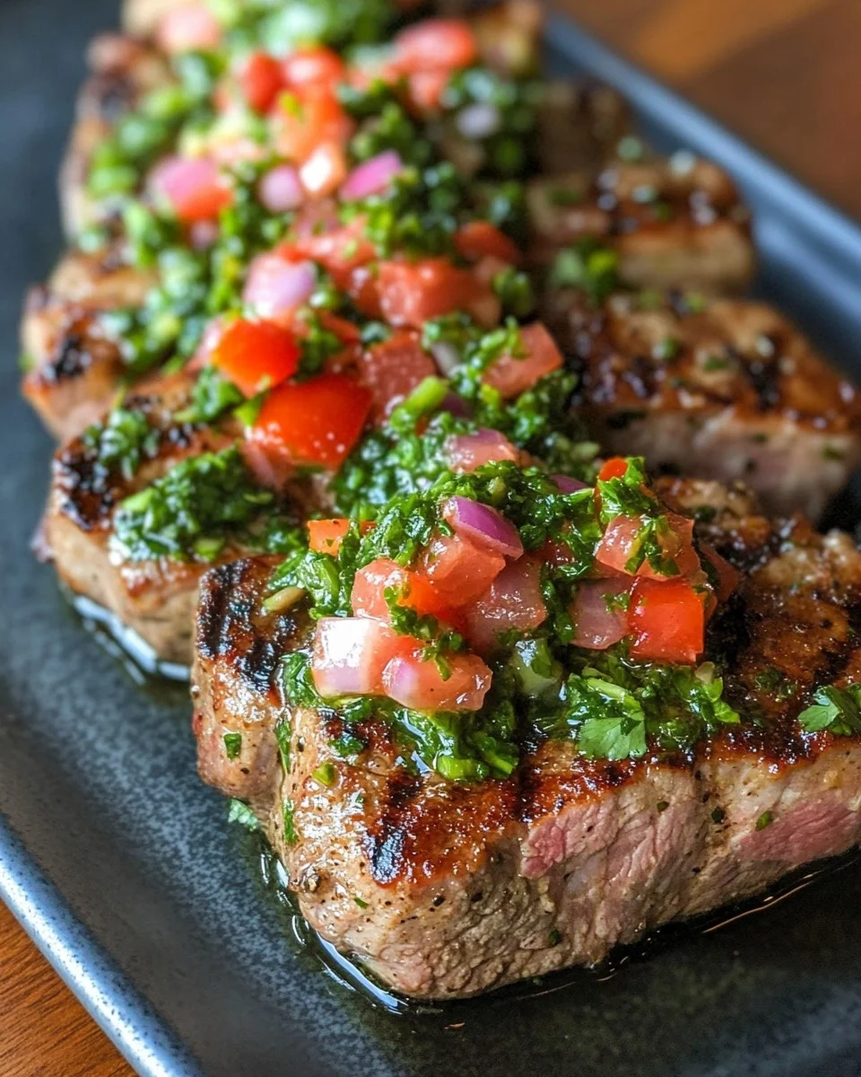 Filet de Porc Grillé avec Sauce Chimichurri et Salsa de Tomates