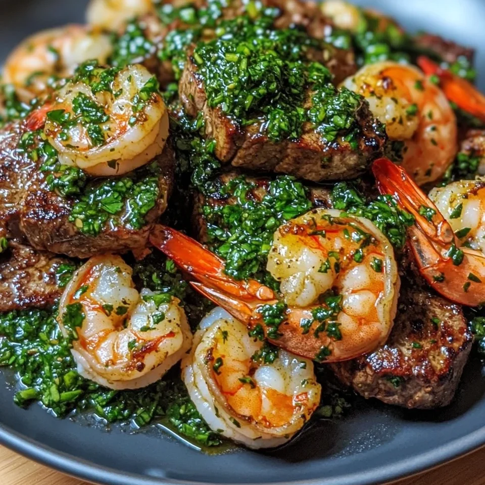 Steak et Crevettes avec Sauce Chimichurri