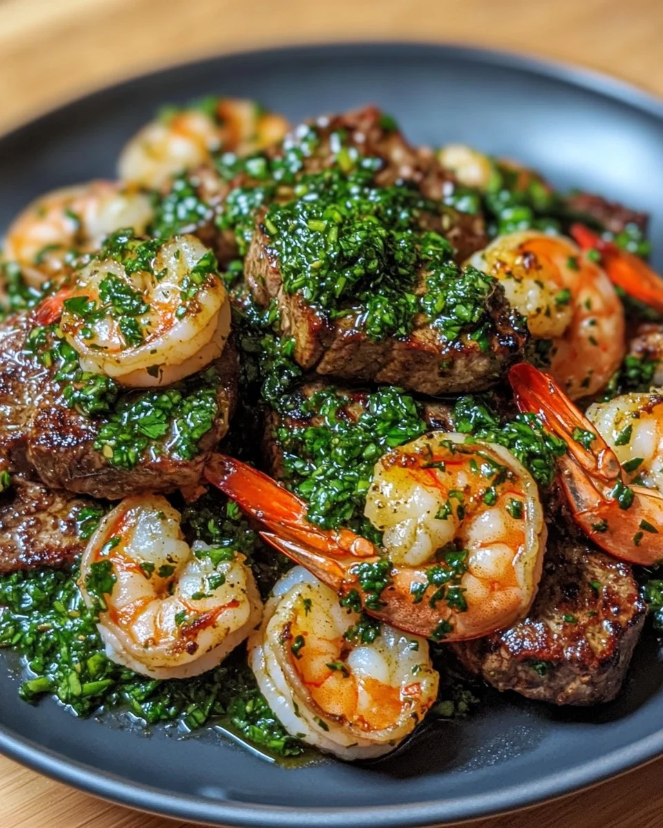 Steak et Crevettes avec Sauce Chimichurri