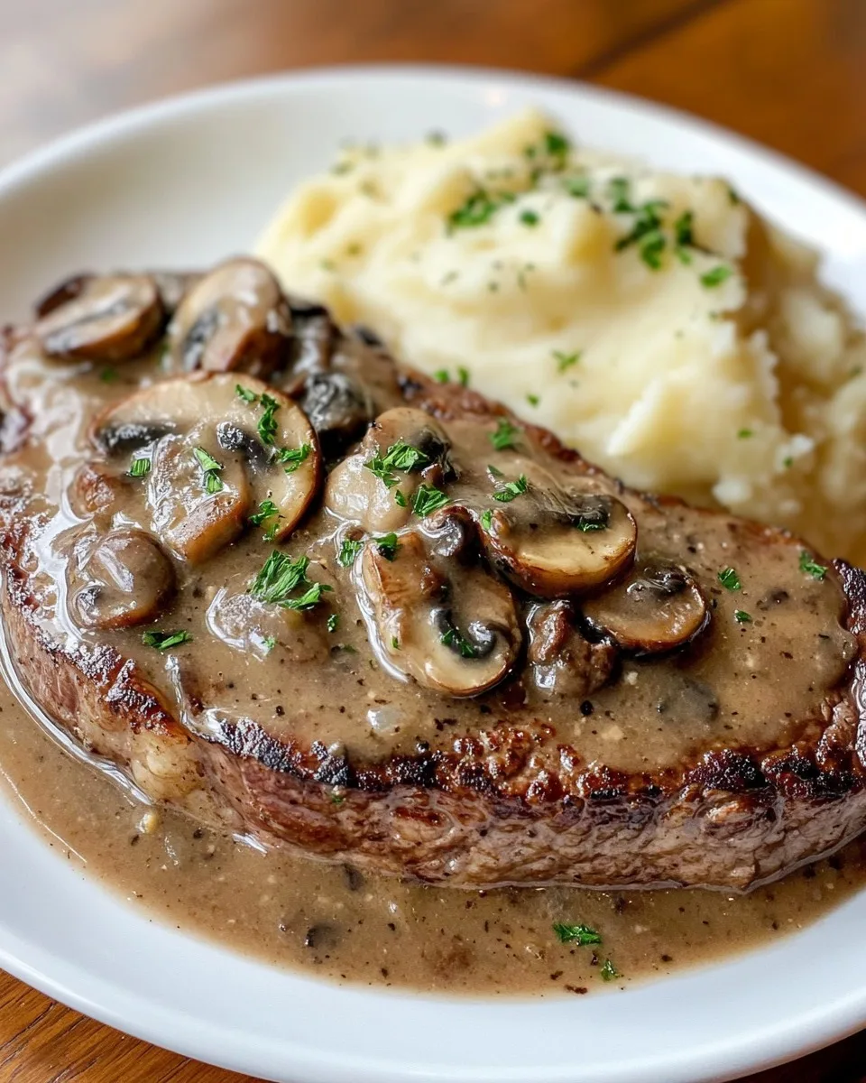 Steak avec Sauce aux Champignons et Purée de Pommes de Terre Crémeuse