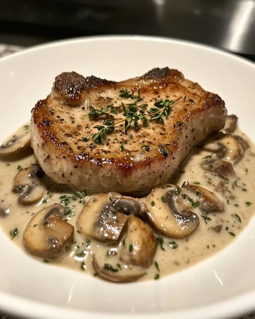 Côtelettes de porc crémeuses aux champignons avec sauce à l'ail et au thym