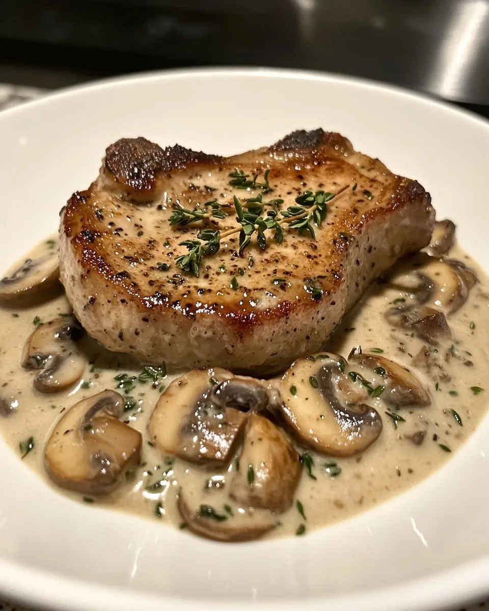 Côtelettes de porc crémeuses aux champignons avec sauce à l'ail et au thym