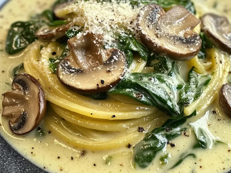 Spaghetti Crémeux aux Épinards et Champignons