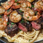 Steak et Crevettes Alfredo Épicés