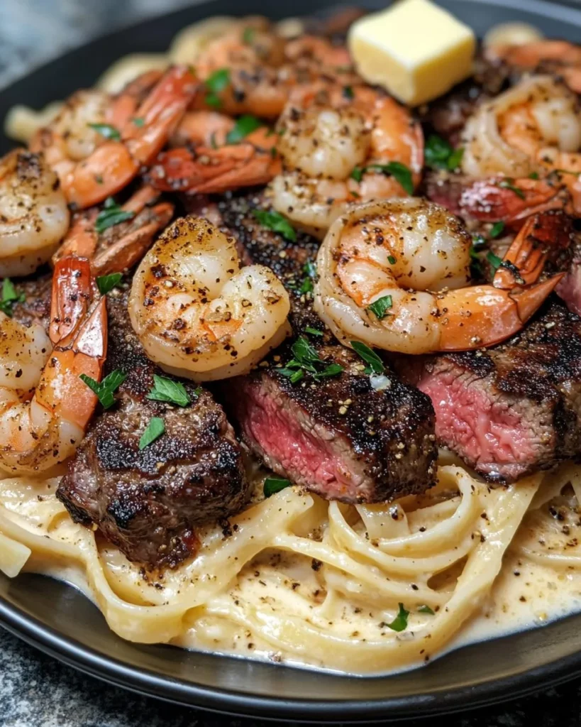Steak et Crevettes Alfredo Épicés