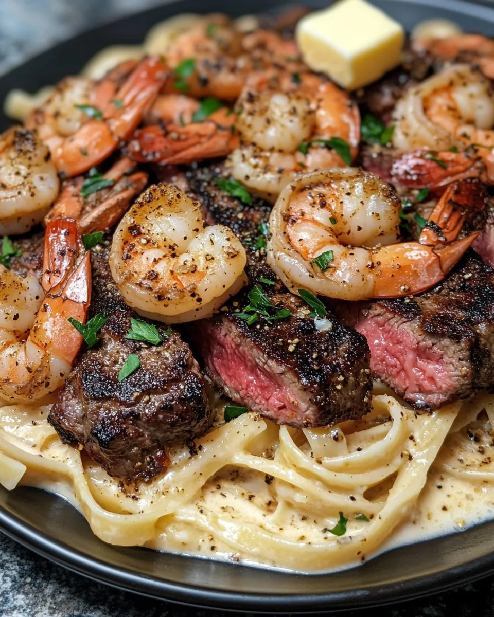 Steak et Crevettes Alfredo Épicés
