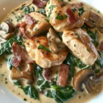 Poulet Sauté avec Épinards Crémés, Bacon et Champignons