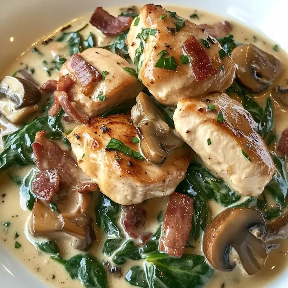 Poulet Sauté avec Épinards Crémés, Bacon et Champignons