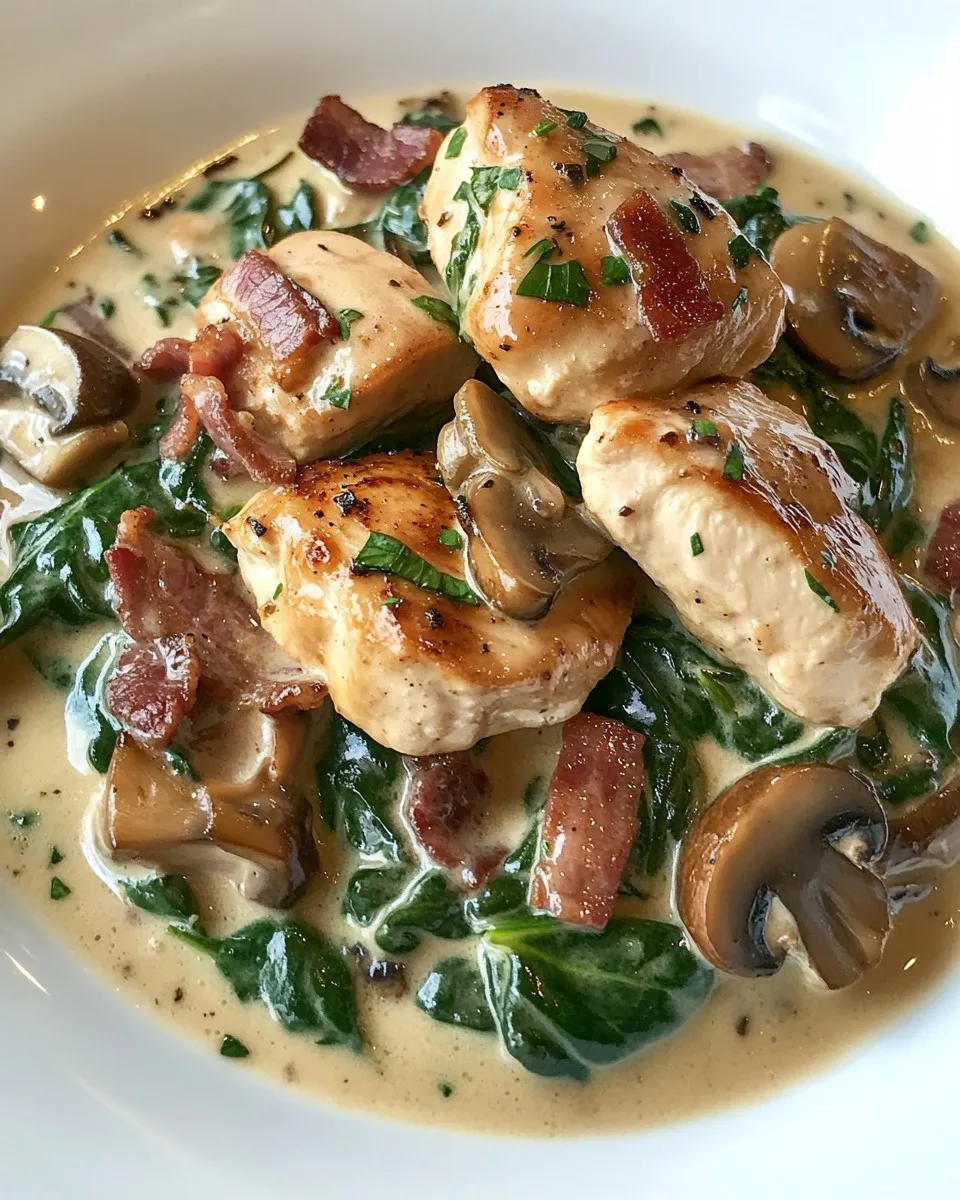 Poulet Sauté avec Épinards Crémés, Bacon et Champignons