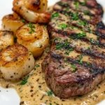 Poêlée de Steak et Fruits de Mer avec Sauce Crème Ail Parmesan