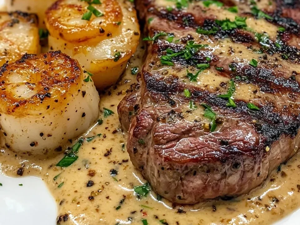 Poêlée de Steak et Fruits de Mer avec Sauce Crème Ail Parmesan