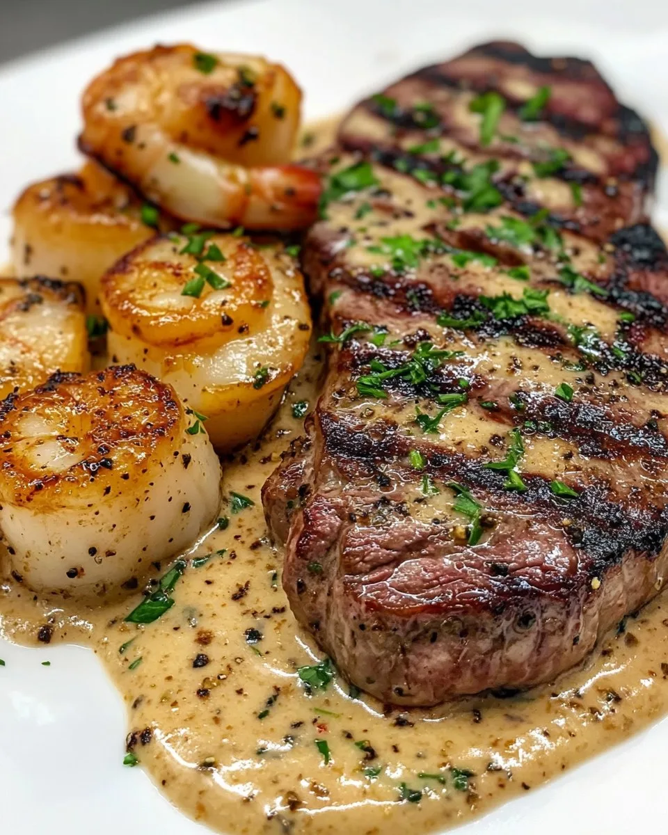 Poêlée de Steak et Fruits de Mer avec Sauce Crème Ail Parmesan