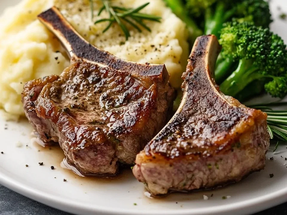 Côtelettes d'agneau grillées avec purée de pommes de terre et brocoli
