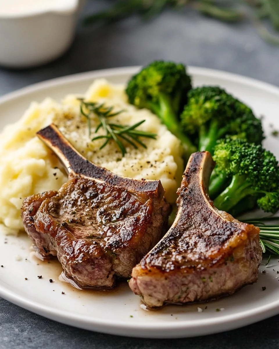 Côtelettes d'agneau grillées avec purée de pommes de terre et brocoli