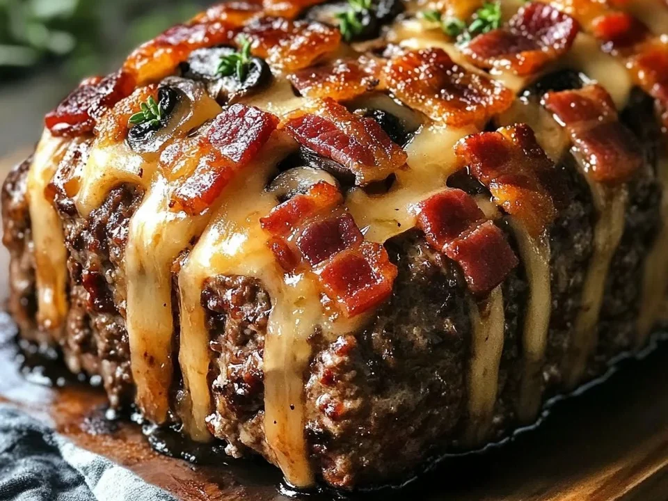 Pain de viande au fromage suisse, bacon et champignons