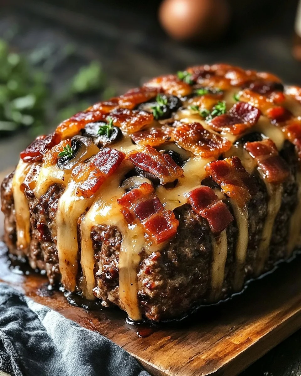 Pain de viande au fromage suisse, bacon et champignons